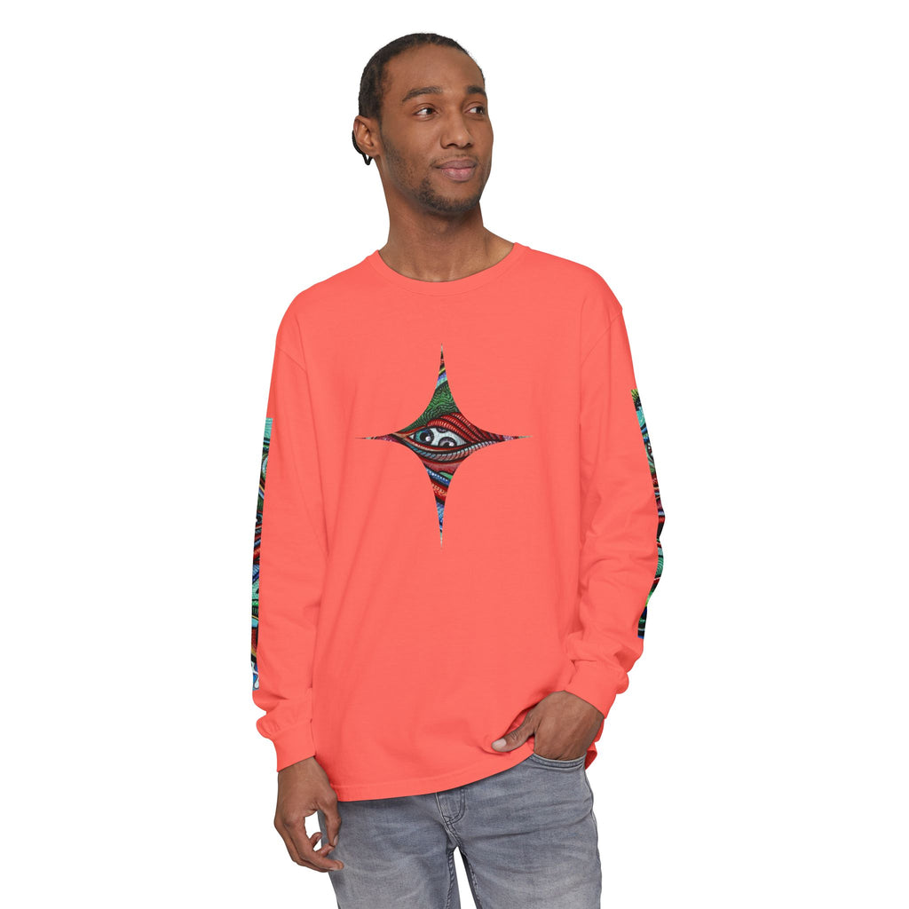 Psychedelic Starburst Long Sleeve Tee — Colorful Eye & Sleeve Stripe Design #k976344