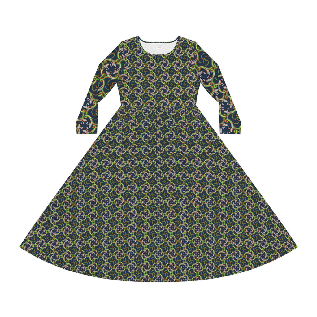 Long Sleeve Dance Dress — Green Celtic Knot All-Over Print #ld1