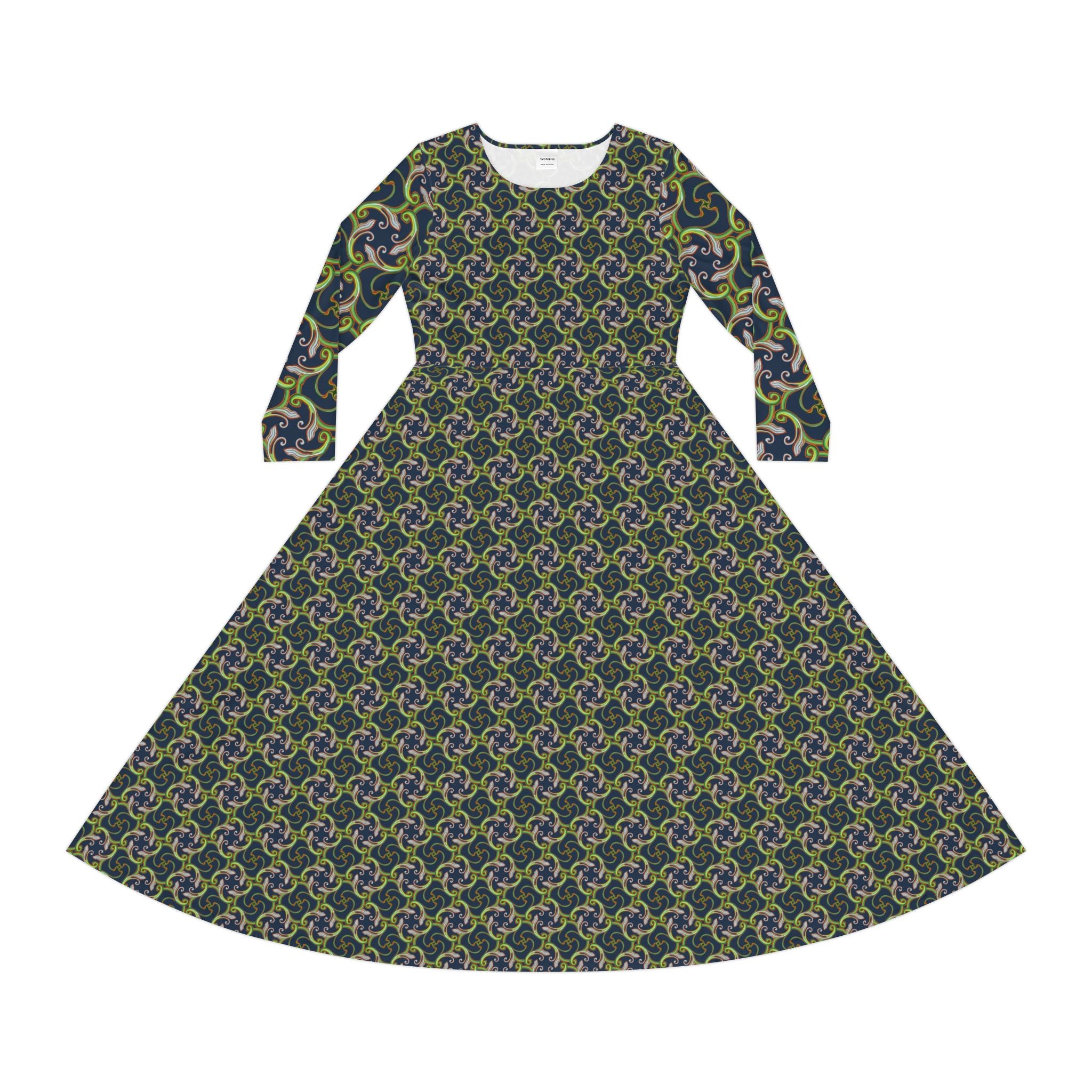 Long Sleeve Dance Dress — Green Celtic Knot All-Over Print #ld1