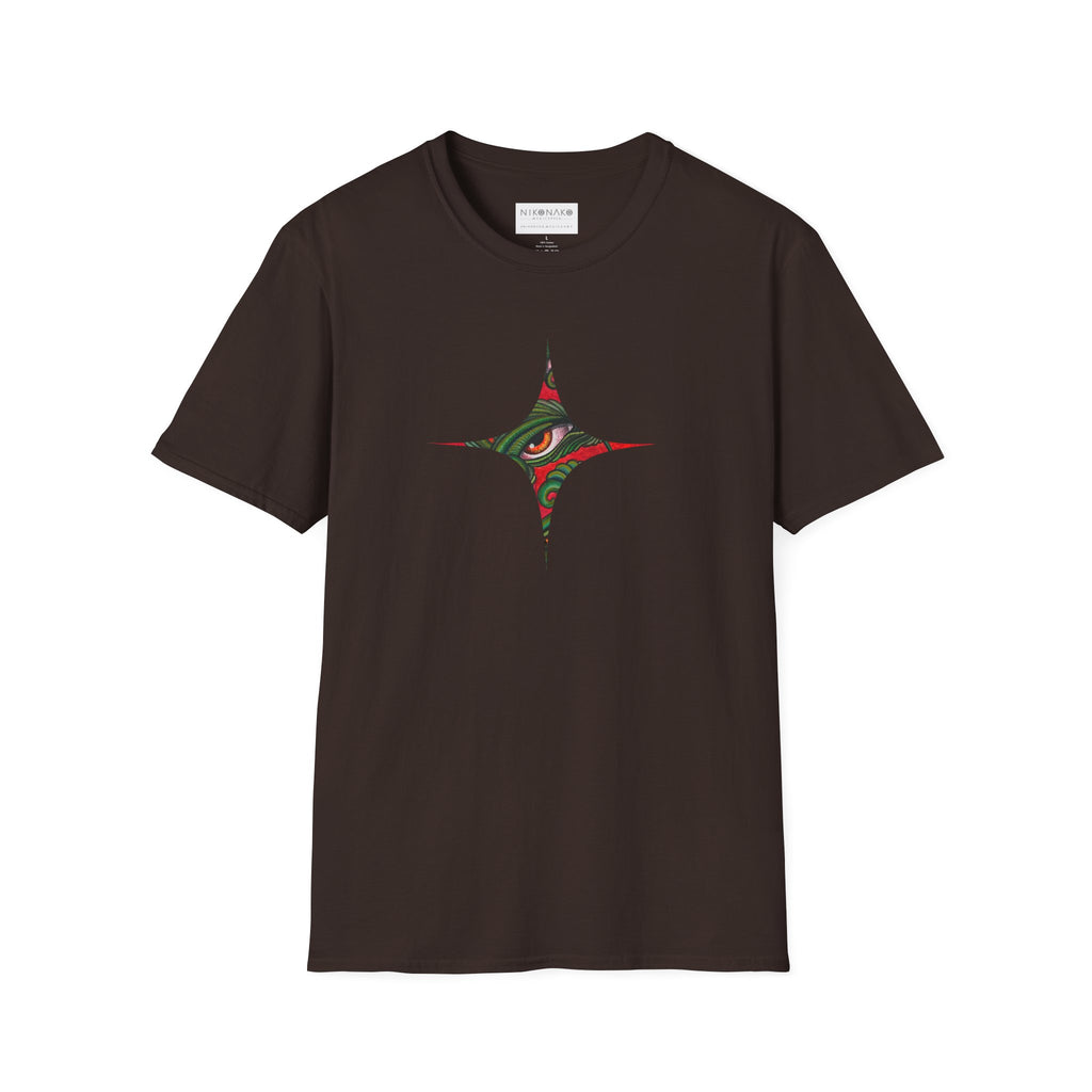 Geometric Tribal Eye Tee — Abstract Red & Green Triangle Graphic T-Shirt #sx432177