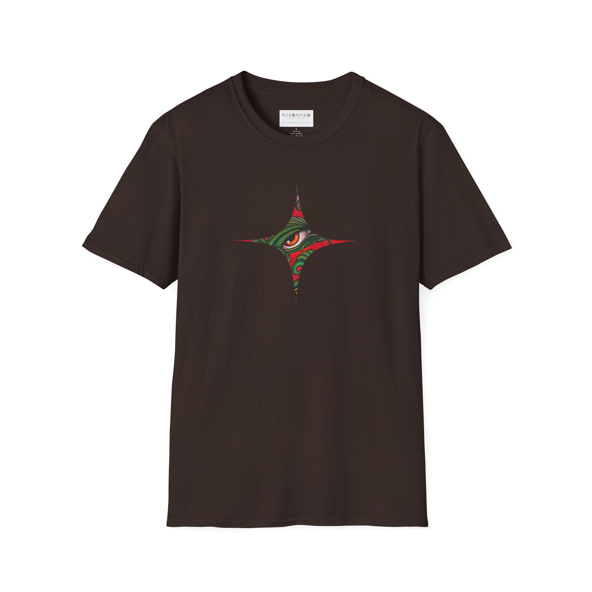 Geometric Tribal Eye Tee — Abstract Red & Green Triangle Graphic T-Shirt #sx432177