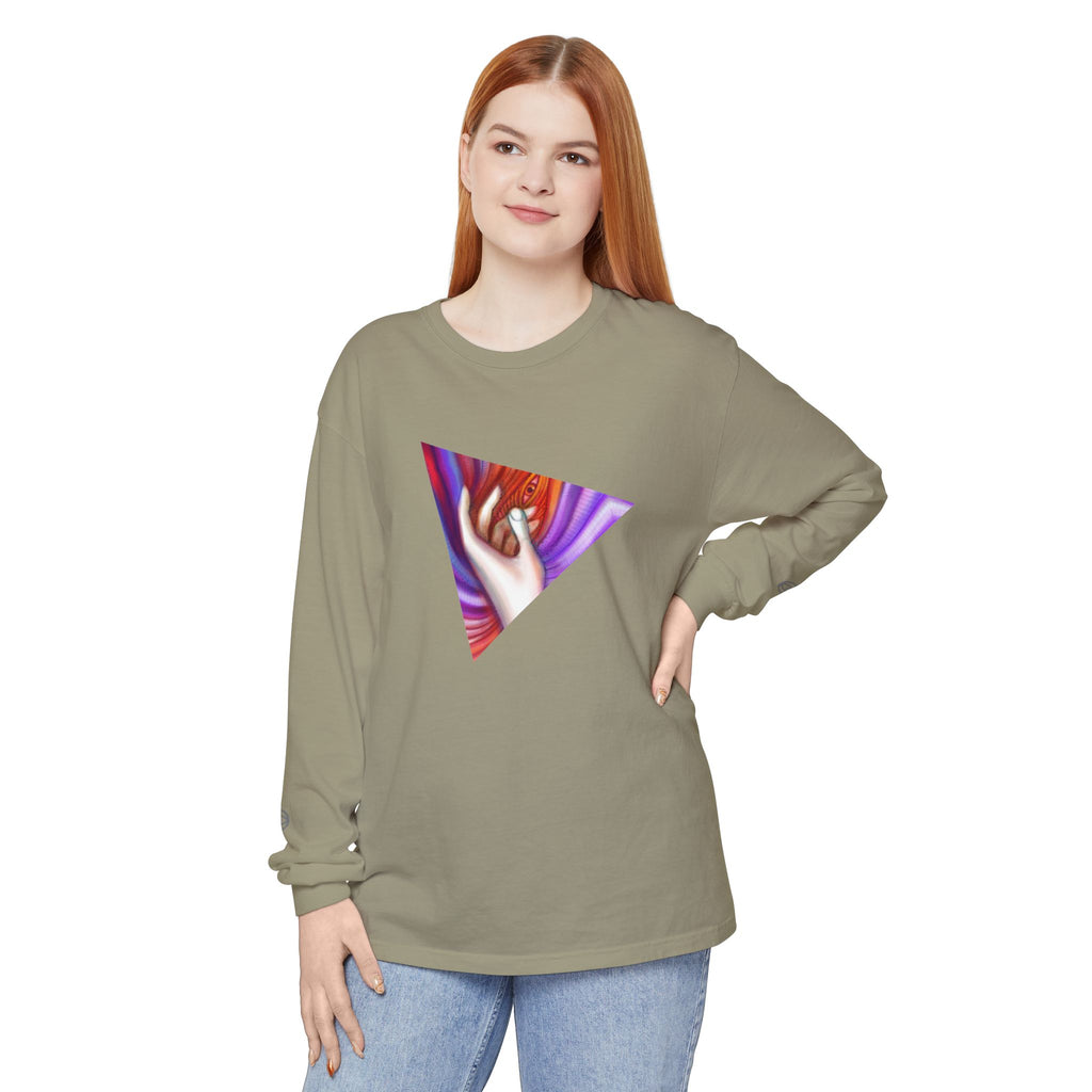 Long Sleeve T-Shirt — Triangular Hand Art Graphic (White) #sh26774