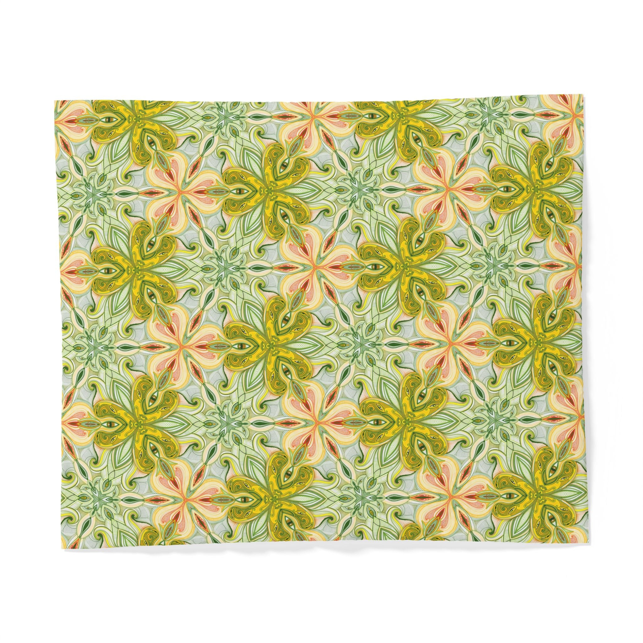 Botanical Kaleidoscope Cotton Duvet Cover — Green Floral Geometric Bedding #gf9866