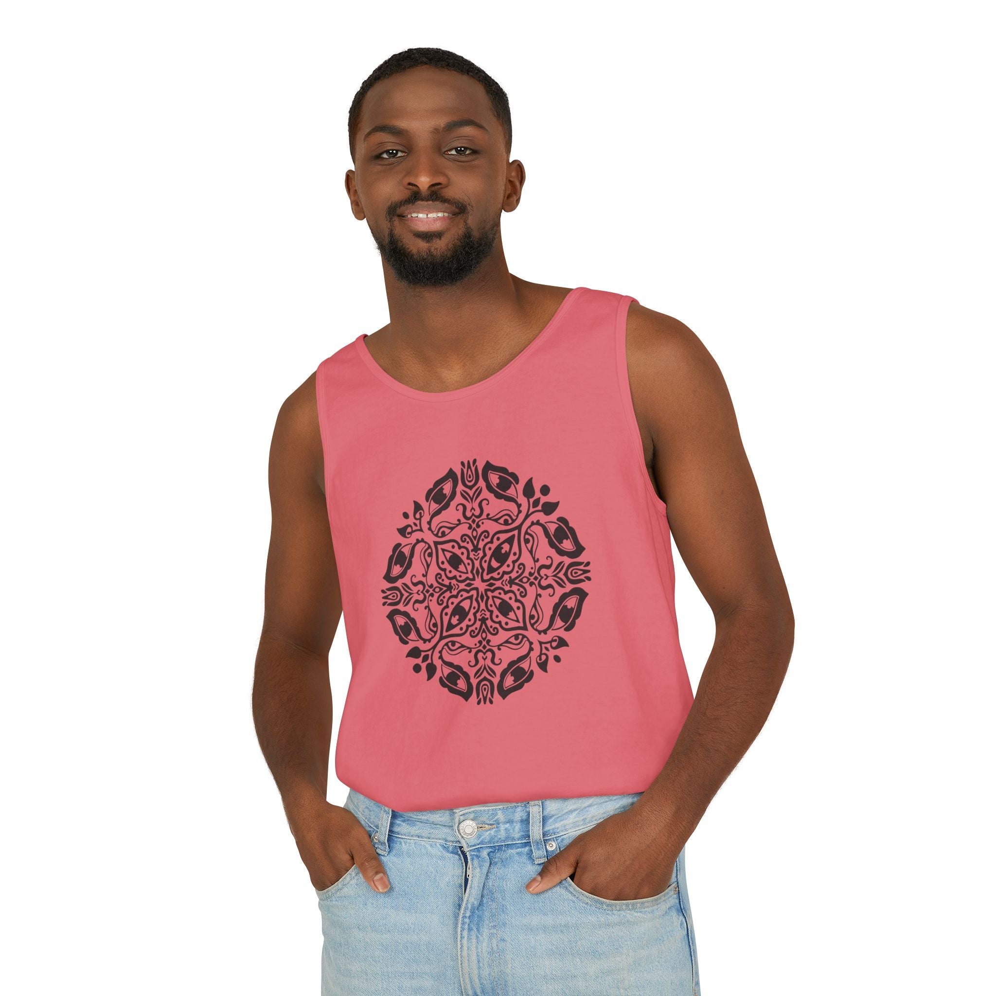 Boho Mandala Tank Top — Black Floral Circular Graphic Tank #fr3