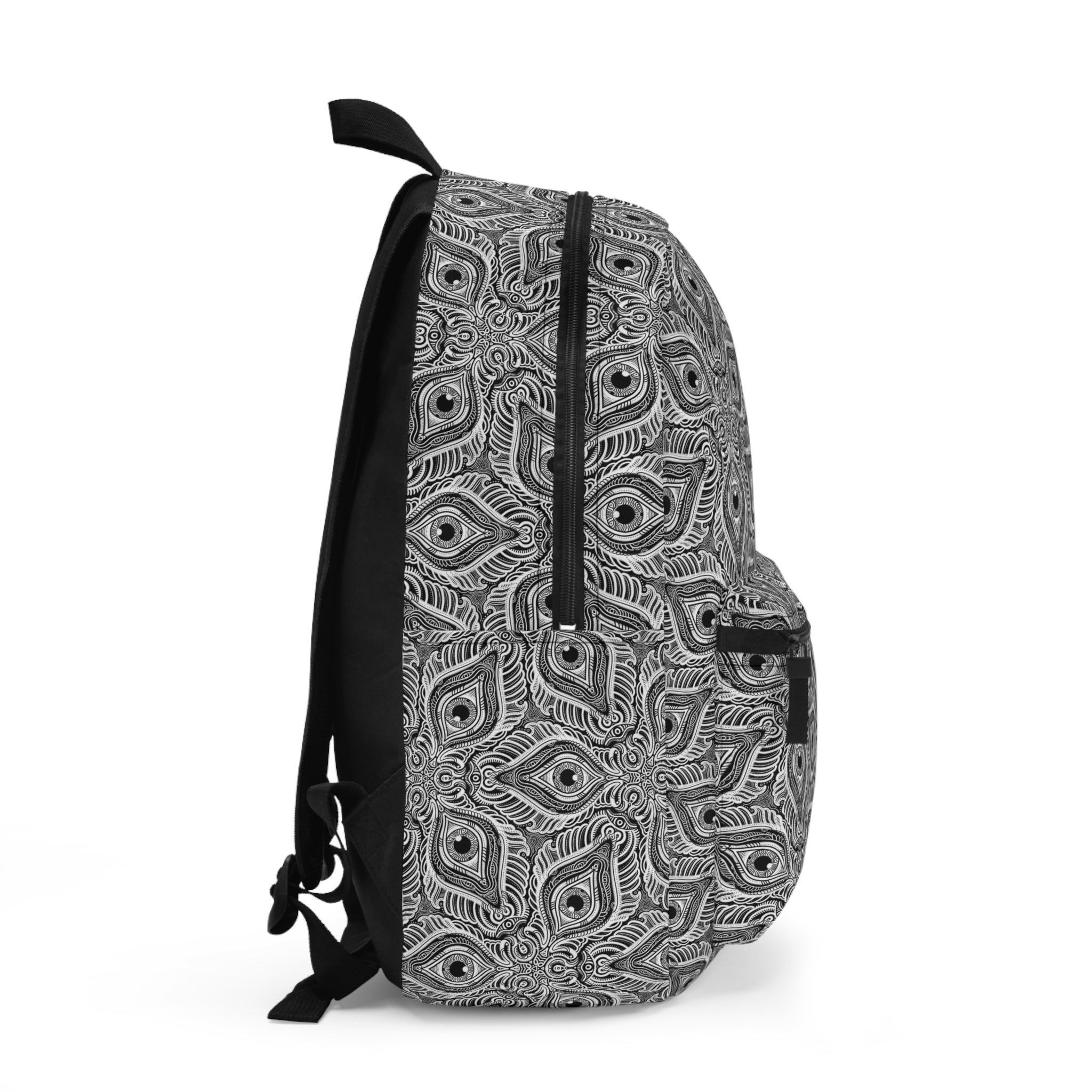 Monochrome Peacock Feather Pattern Backpack — Boho Geometric Daypack #d1