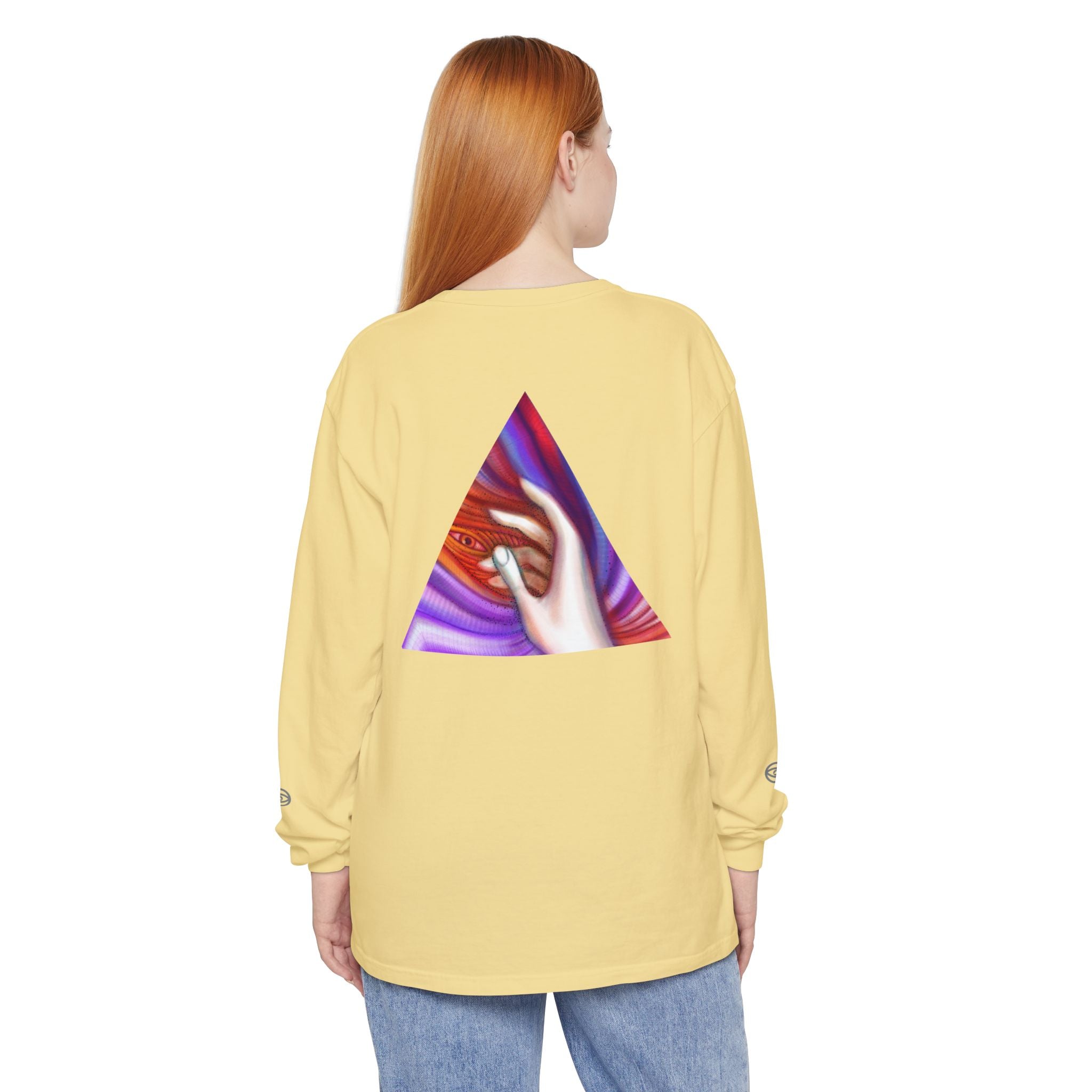 Long Sleeve T-Shirt — Triangular Hand Art Graphic (White) #sh26774
