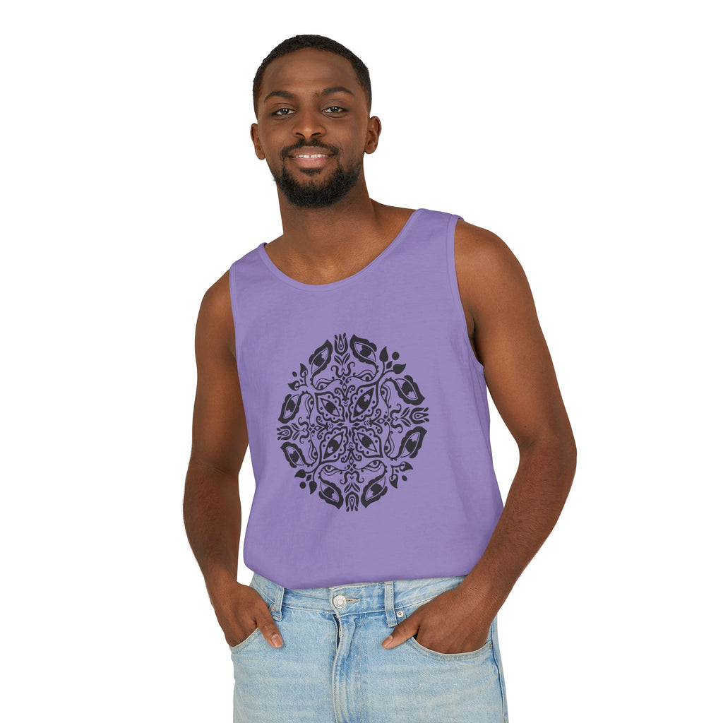 Boho Mandala Tank Top — Black Floral Circular Graphic Tank #fr3