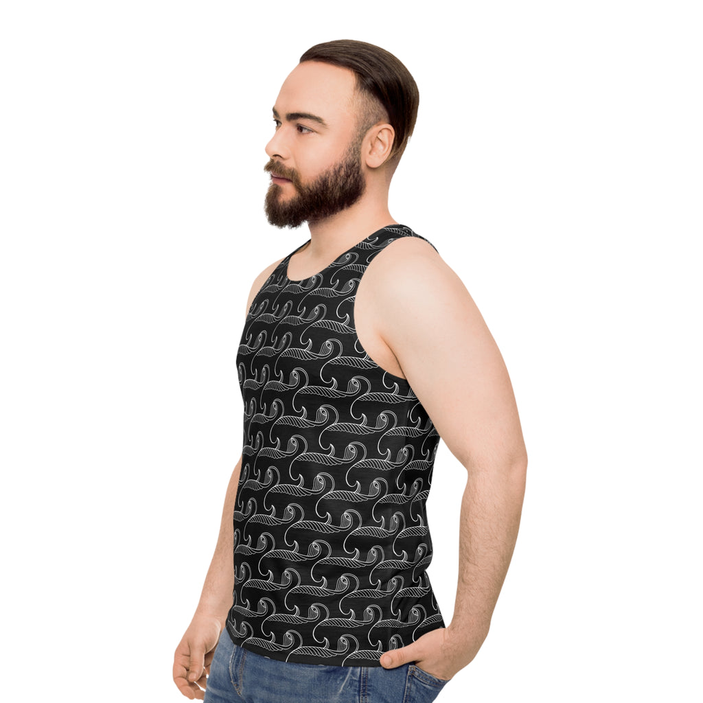 Ocean Wave Pattern Tank Top — Black Nautical All-Over Print #y43278