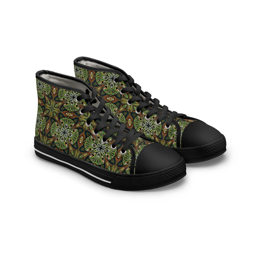 Green Kaleidoscope High Top Sneakers — Women's Floral Patterned Canvas Shoes #hff8440
