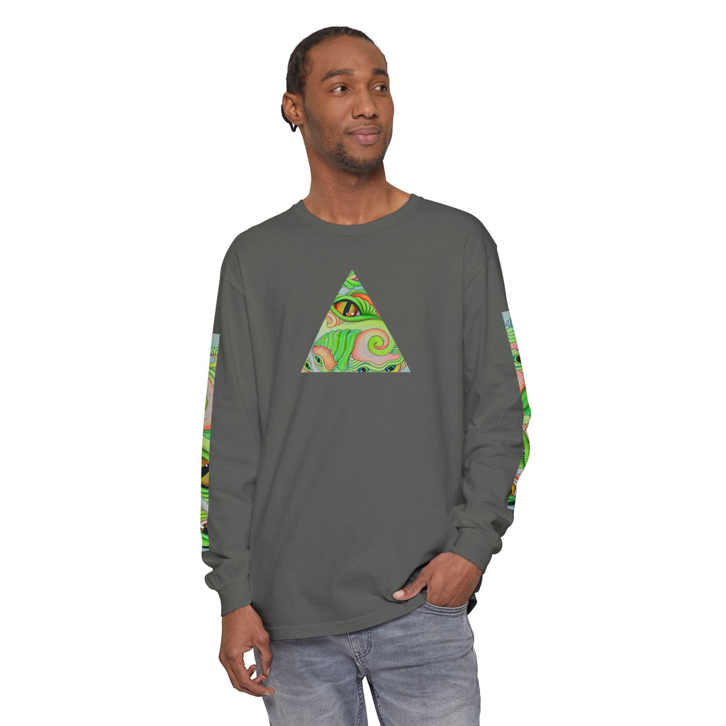 Psychedelic Green Triangle Long Sleeve Tee — Tribal Star Sleeve Artwork #gf086357