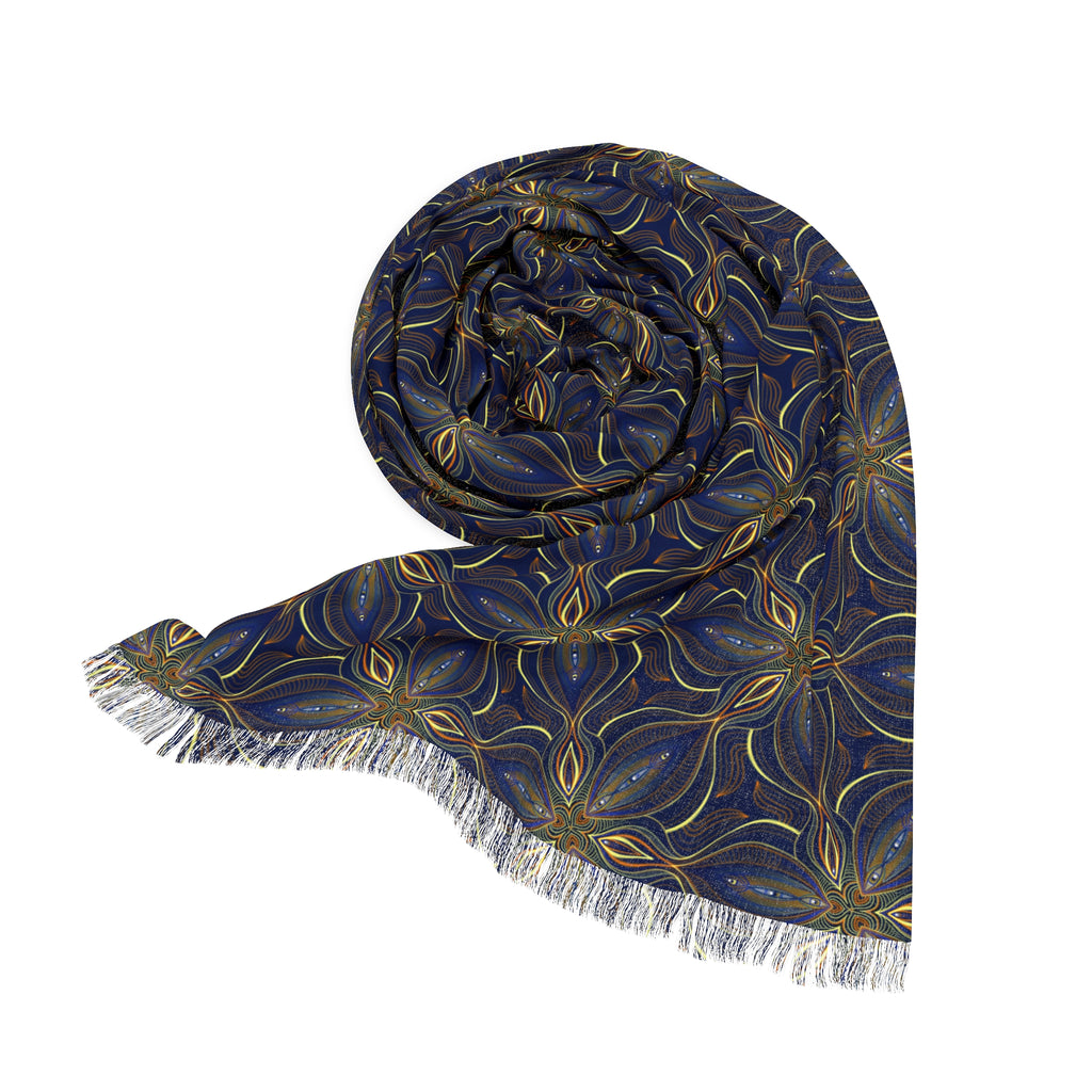 Boho Starburst Lightweight Scarf — Navy & Gold Patterned Wrap #k0987644