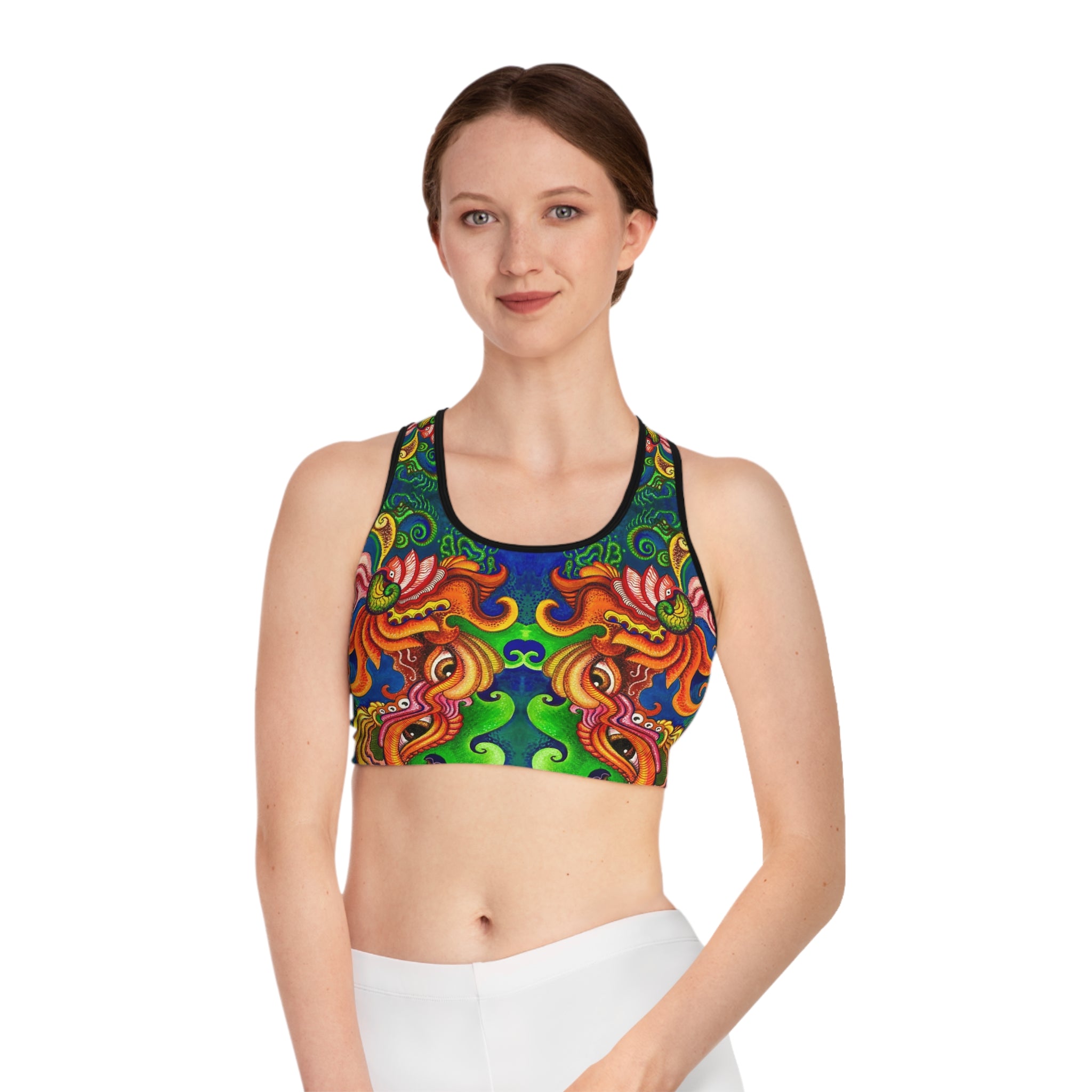 Vibrant Dragon Floral Sports Bra — All-Over-Print Activewear #sb44
