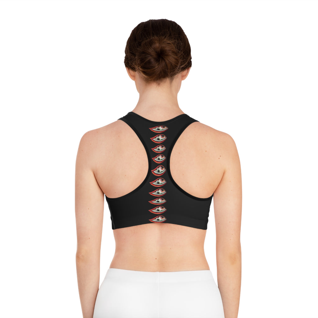 Eye Stack Sports Bra — Black Graphic Racerback Activewear #775368