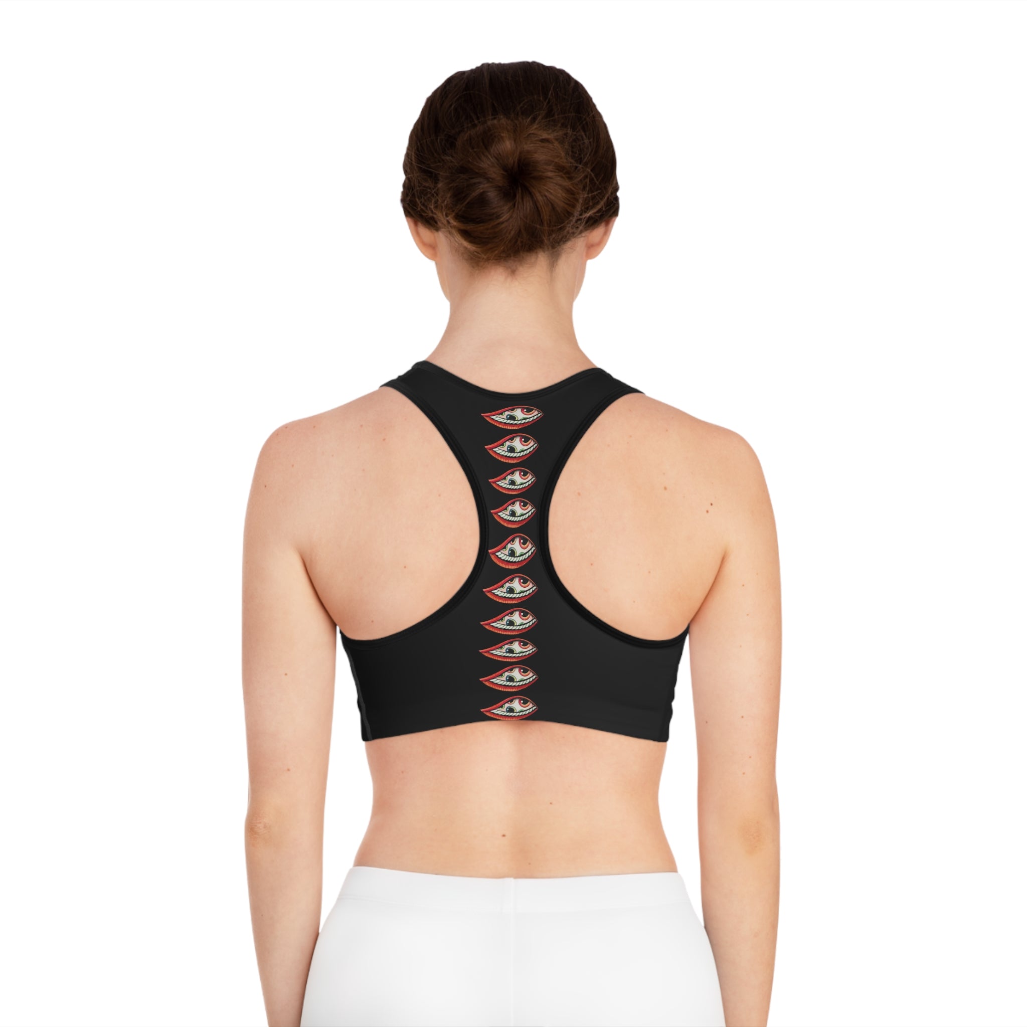 Eye Stack Sports Bra — Black Graphic Racerback Activewear #775368