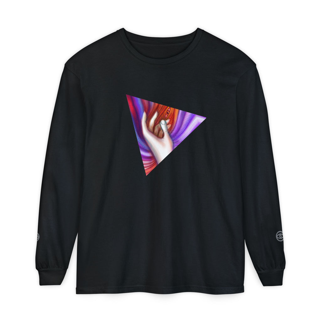 Long Sleeve T-Shirt — Triangular Hand Art Graphic (White) #sh26774