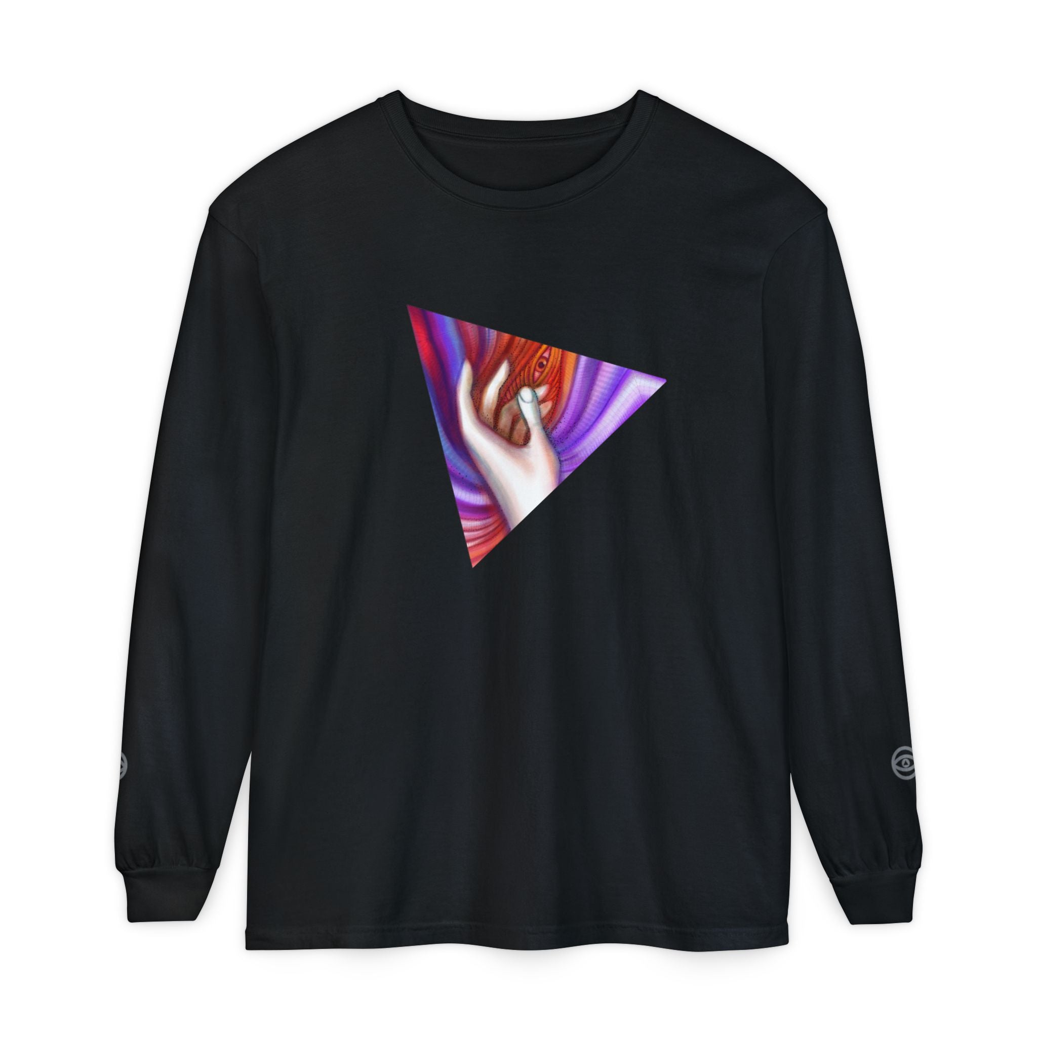 Long Sleeve T-Shirt — Triangular Hand Art Graphic (White) #sh26774