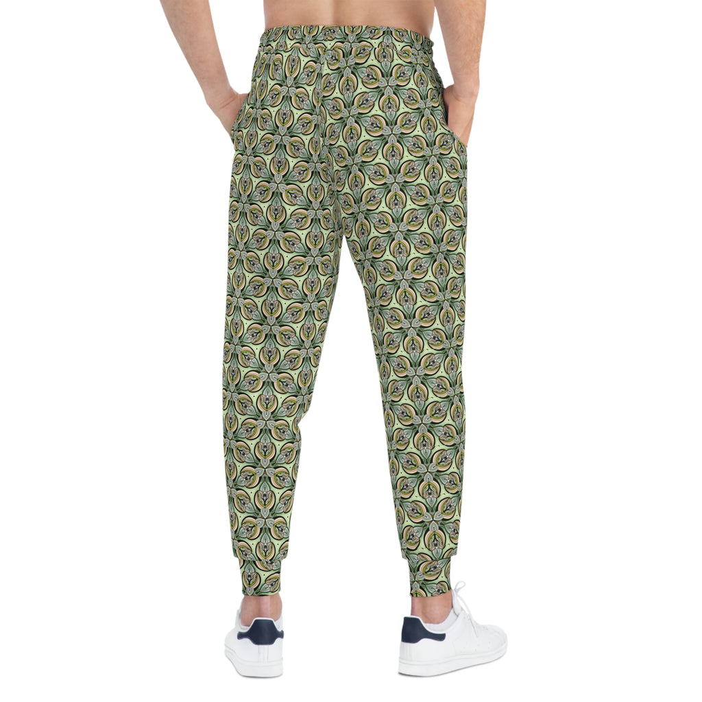 Green Geometric Leaf Pattern Joggers – All-Over Print Athletic Sweatpants #sp2