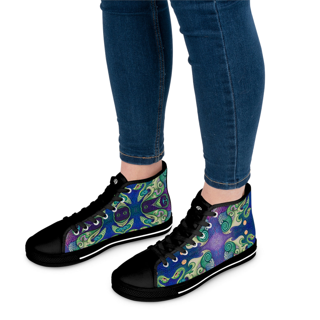 Women's High Top Sneakers — Swirling Ocean Green & Purple Art Print #h9086467