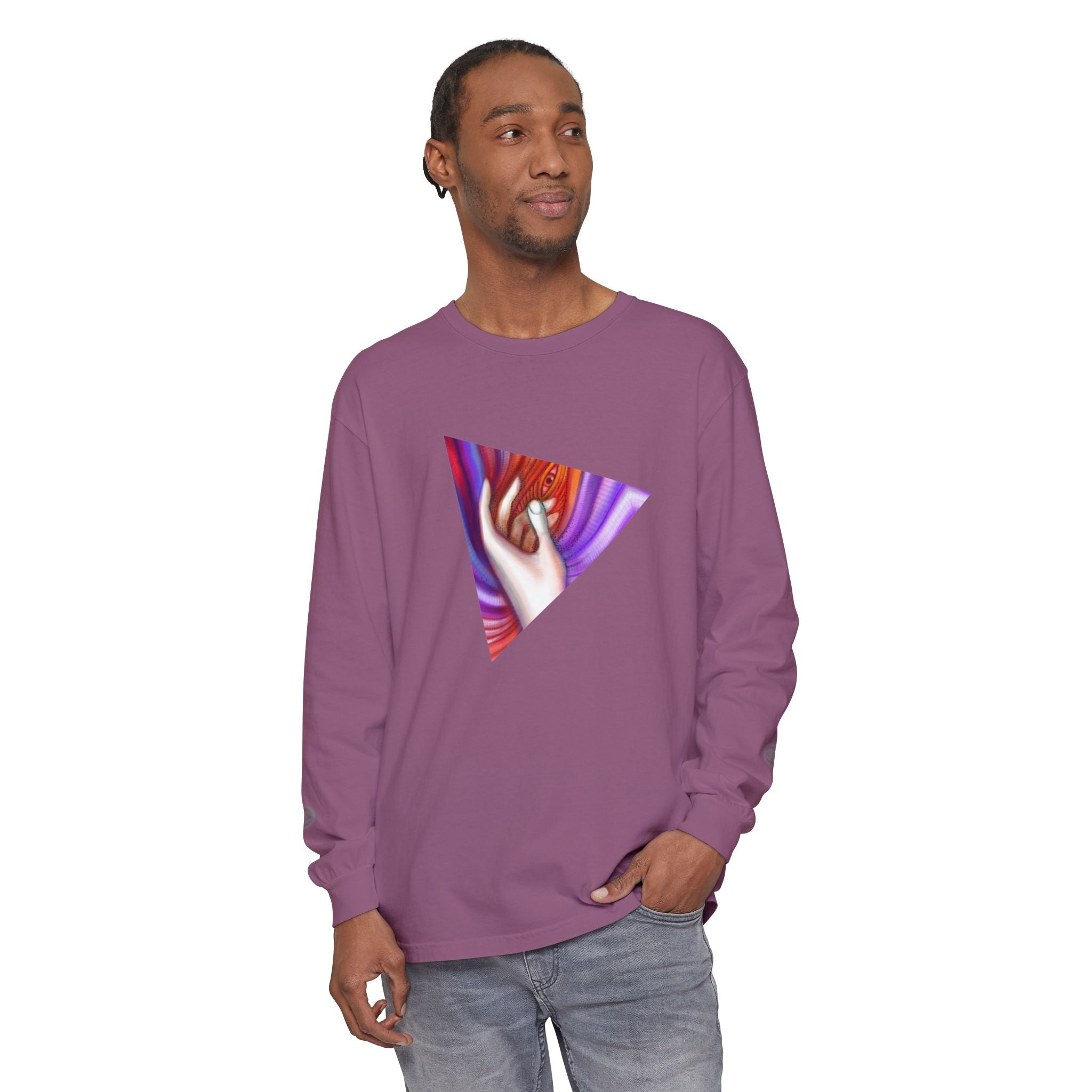 Long Sleeve T-Shirt — Triangular Hand Art Graphic (White) #sh26774