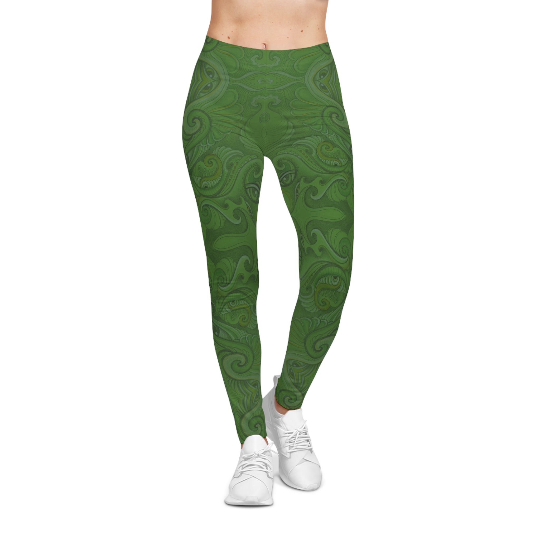 Psychedelic Kaleidoscope Leggings — Vibrant Green & Orange All-Over Print #fd984422