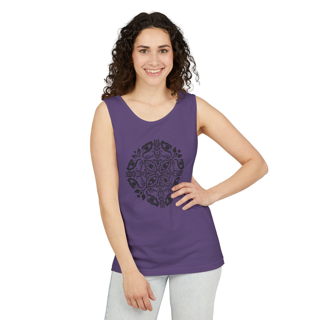 Boho Mandala Tank Top — Black Floral Circular Graphic Tank #fr3